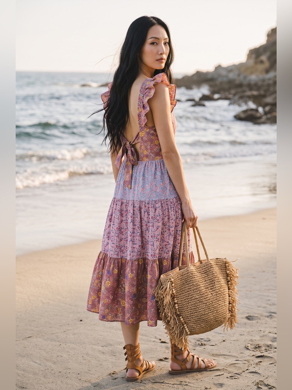 Umgee Pink Multi Tiered Smocked Midi Dress